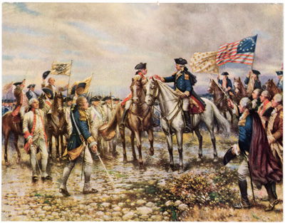George Washington shaking hands on battlefield